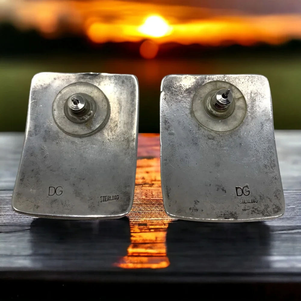 Vintage Modernist Incised Artisan Earrings Pierced Rectangle Sterling Silver DG